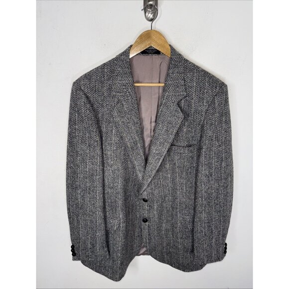 Vintage Harris Tweed Men’s Sport Coat 46R Gray Herringbone 100% Wool Scotland - Picture 1 of 8